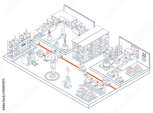 Smart Logistics automation systems featuring autonomous robots and AGVs optimize material handling through sensor-equipped navigation and intelligent item processing. Vector illustration EPS 10