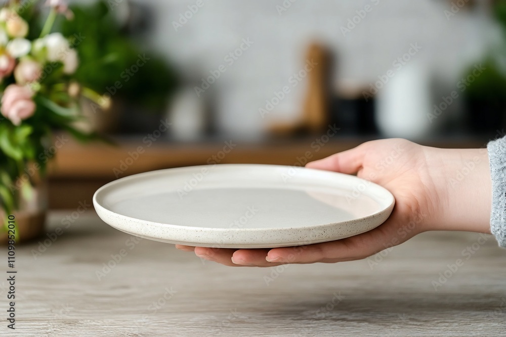 Hand holding a blank, off-white, speckled ceramic plate.