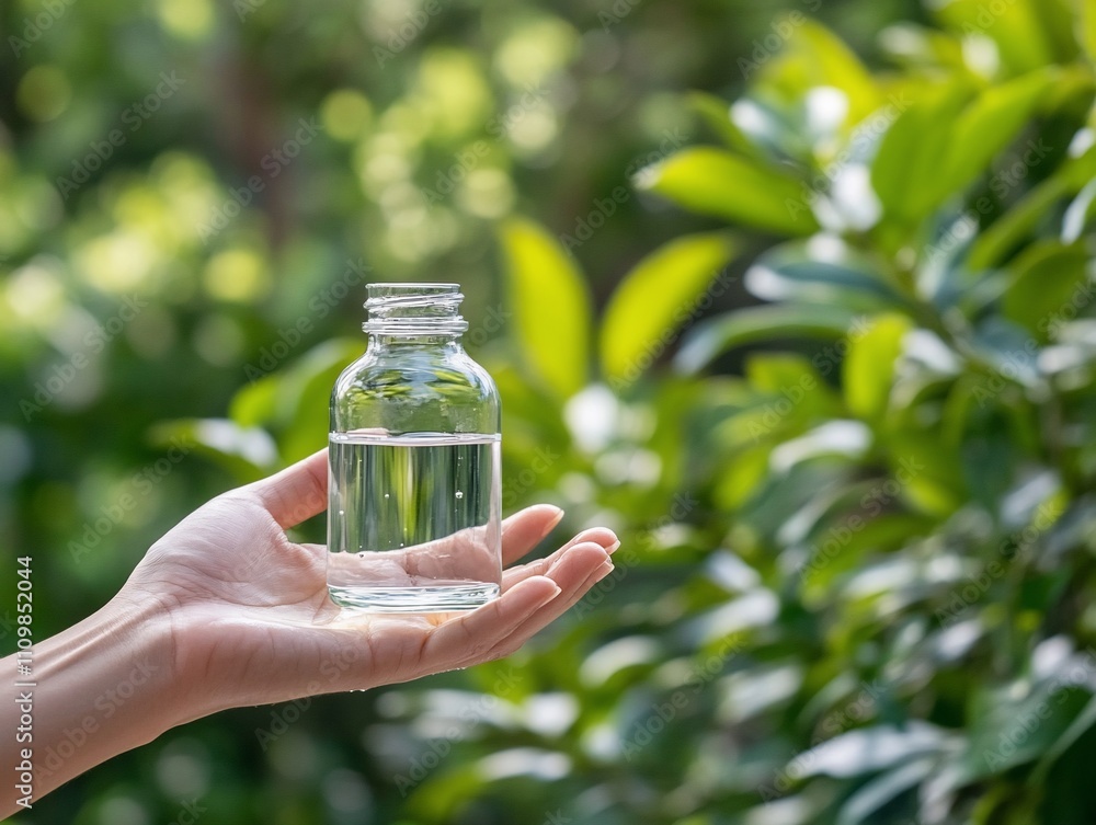 Hand holding small clear glass bottle with liquid against green foliage background.