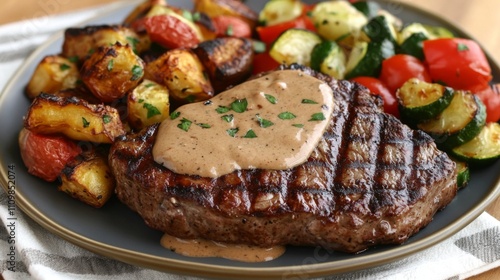 Grilled Steak with Creamy Sauce and Colorful Grilled Vegetables