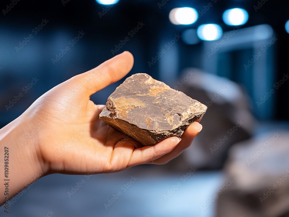 Hand holding a rough, gray-brown rock sample.