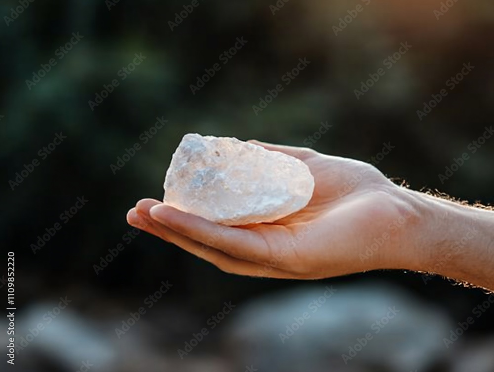 Hand holding a translucent quartz crystal outdoors.