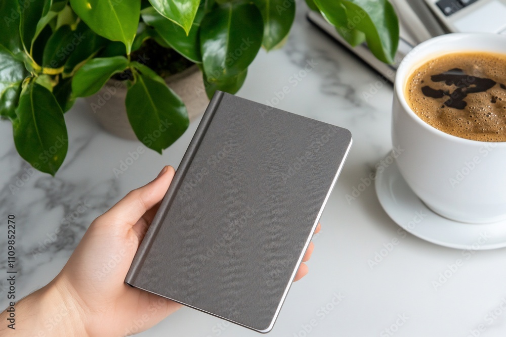 Hand holding gray notebook, coffee, plant.