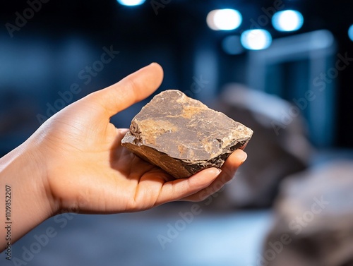 Obraz na płótnie Hand holding a rough, gray-brown rock sample. w salonie