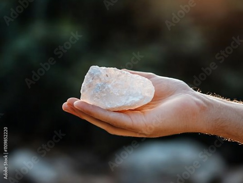Obraz na płótnie Hand holding a translucent quartz crystal outdoors. w salonie