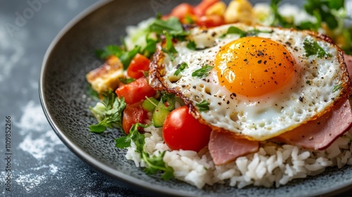 Delicious fried egg on rice with colorful vegetables and herbs