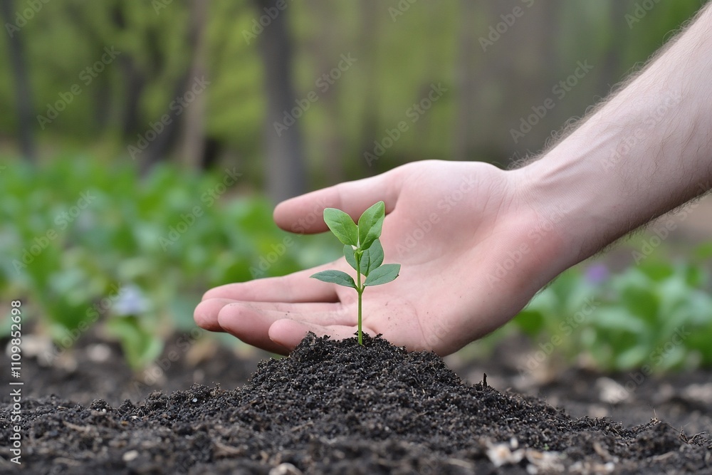 Hand gently cradles a young sprout emerging from dark soil in a garden.
