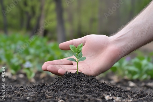 Obraz na płótnie Hand gently cradles a young sprout emerging from dark soil in a garden. w salonie