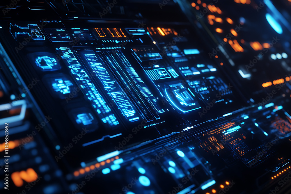 Obraz premium Blue digital binary data on a computer screen, creating a futuristic, high-tech atmosphere with flowing numbers and abstract patterns