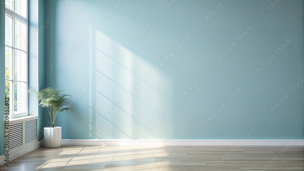 Fototapeta premium Serene Room Interior with Light Blue Walls, Hardwood Floor, and Potted Plant