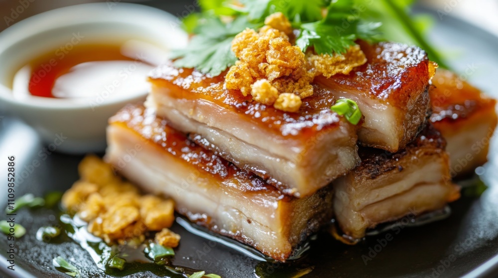 Deliciously Glazed Pork Belly with Crispy Toppings and Sauce Deliciously Glazed Pork Belly with Crispy Toppings and Sauce