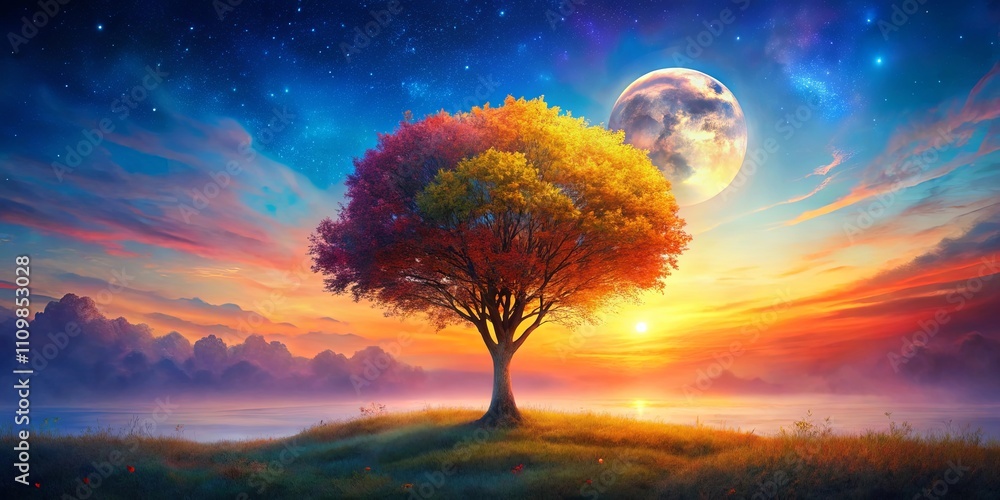 Serene autumnal tree silhouetted against a vibrant sunset and large moon in a dreamy landscape Serene autumnal tree silhouetted against a vibrant sunset and large moon in a dreamy landscape