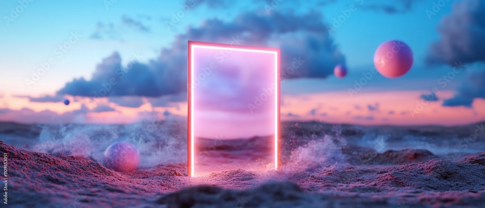 Surreal pink neon portal in dreamy landscape with floating spheres.