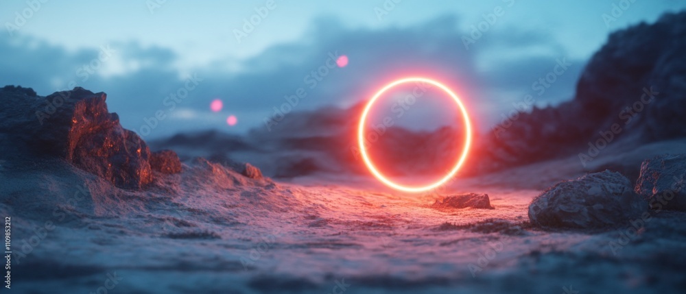 Glowing orange circle in a desolate landscape.