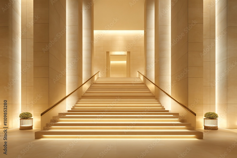 Fototapeta premium Elegant staircase illuminated with soft lighting, leading to an open doorway.