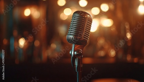 Close-up of a retro microphone on a blurred background with bokeh lights