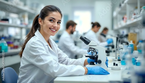 Young smiling female scientist using microscope in laboratory with colleagues working in background