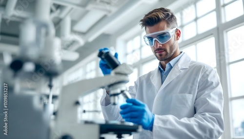 Young male scientist preparing microscope for research in modern laboratory