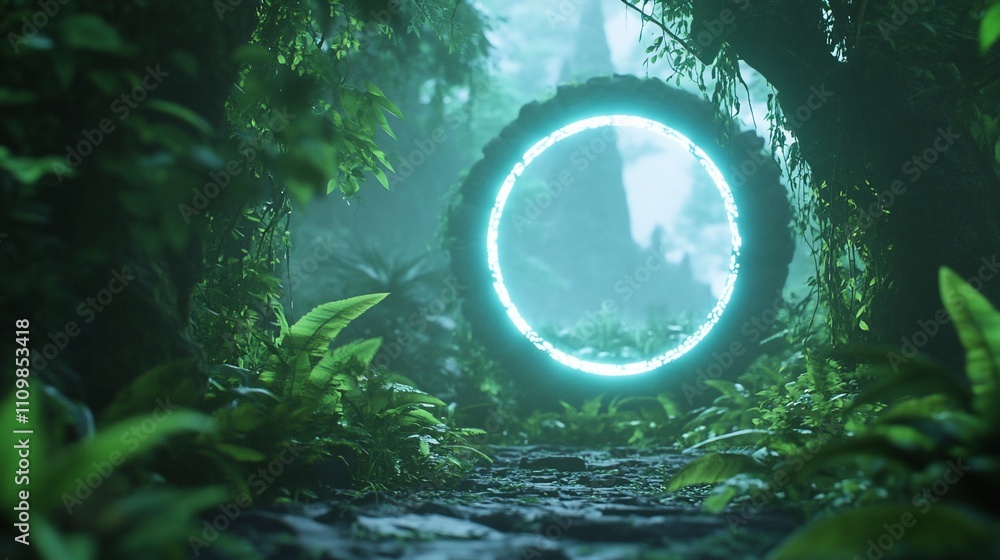 Glowing circular portal in a lush, mystical jungle.