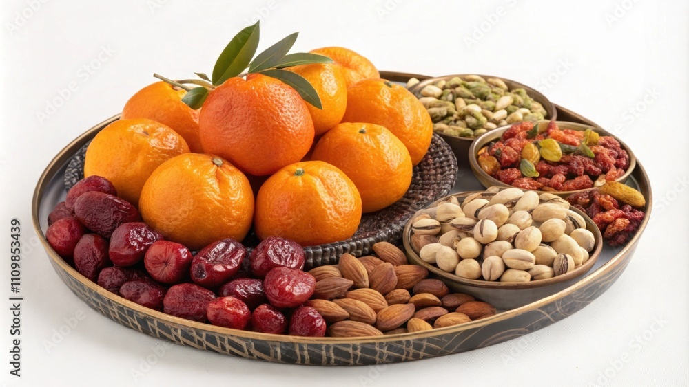 Fruit and Nut Platter A decorative platter overflowing with an assortment of gleaming fruits and nuts. Juicy mandarin oranges symbolizing wealth nestle beside shiny red dates and Fruit and Nut Platter A decorative platter overflowing with an assortment of gleaming fruits and nuts. Juicy mandarin oranges symbolizing wealth nestle beside shiny red dates and