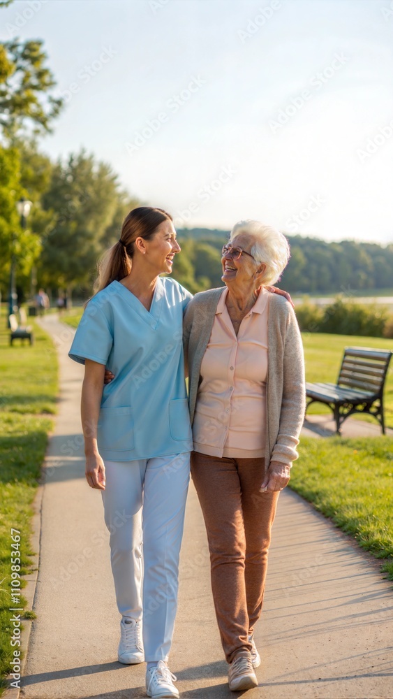 Smiling home caregiver and senior woman walking together Smiling home caregiver and senior woman walking together