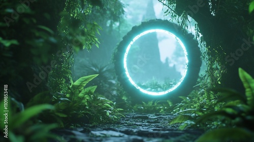 Obraz na płótnie Glowing circular portal in a lush, mystical jungle. w salonie