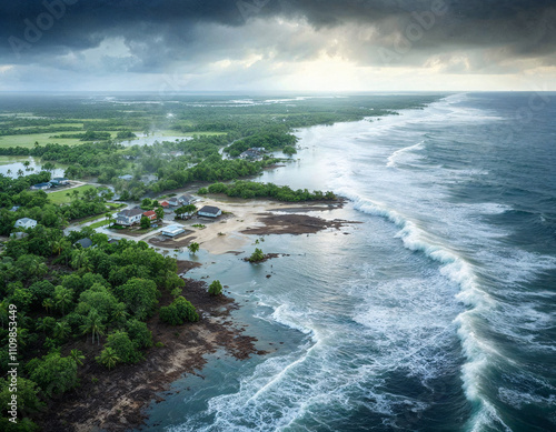 Coastal landscape with turbulent waves and lush greenery during an overcast sky