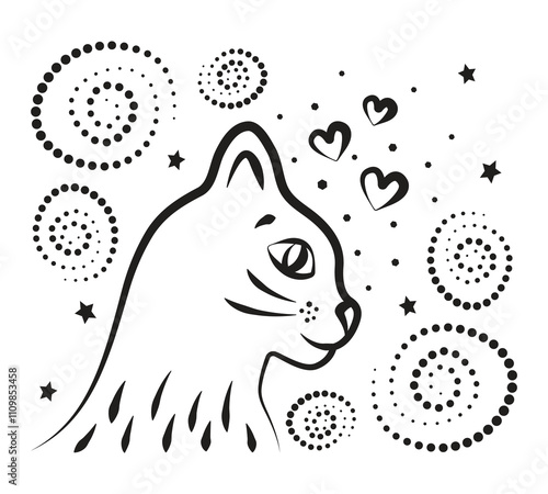 Fotografie Cute cat in profile, swirls, spirals and hearts, black monochrome vector illustr
