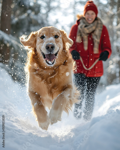 A dog enjoying a walk in the snow with its owner in the background photo