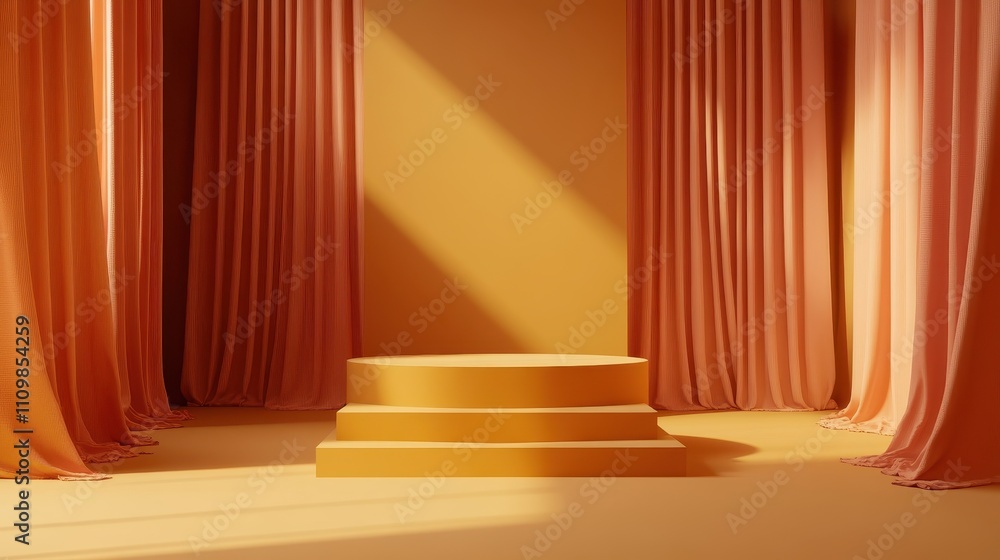 Yellow Platform Display with Orange Curtains Yellow Platform Display with Orange Curtains
