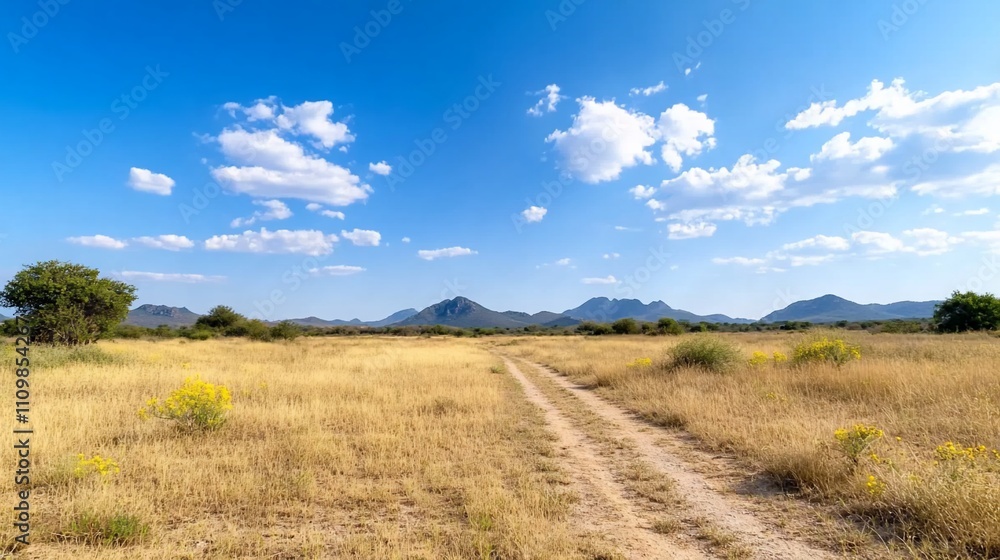 Dirt road through dry savanna landscape under a blue sky.