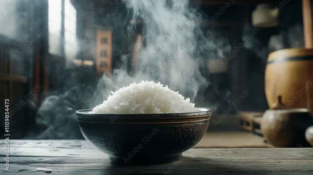 Steaming Bowl of Fresh Cooked Rice in Cozy Rustic Kitchen Steaming Bowl of Fresh Cooked Rice in Cozy Rustic Kitchen