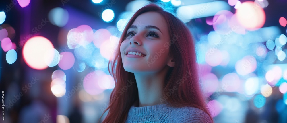 Joyful young woman gazing upwards amidst vibrant city lights at night. Joyful young woman gazing upwards amidst vibrant city lights at night.
