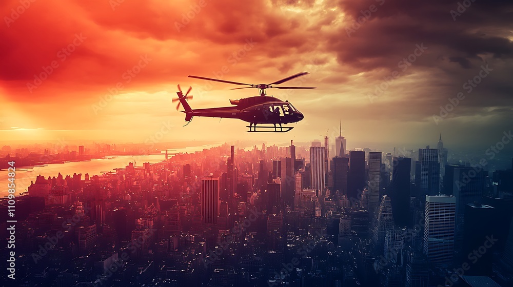 Naklejka premium Helicopter flying over dramatic sunset cityscape.