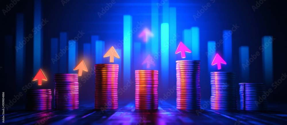 Digital illustration of glowing arrows pointing up on stacks of coins, blue background, with a stock market graph in the backdrop, symbolizing growth and financial success. Digital illustration of glowing arrows pointing up on stacks of coins, blue background, with a stock market graph in the backdrop, symbolizing growth and financial success.