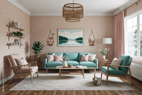 Lakehouse Style Family Room Mockup in Pastel Colors Featuring Scandinavian Design and 3D Visualization photo