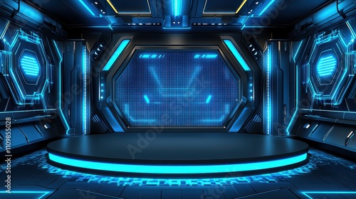 Fototapeta Naklejka Na Ścianę i Meble -  Futuristic Sci Fi Stage with Blue Neon Lighting