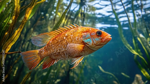 Amphilophus labiatus cichlid swimming near underwater plants, vibrant orange color with distinct scales and thick lips, side profile with water reflections on body photo