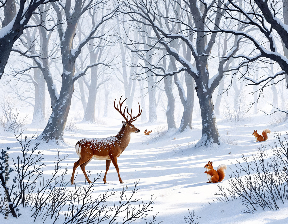 Snow-covered forest scene with a deer and squirrels playing amidst the trees during winter Snow-covered forest scene with a deer and squirrels playing amidst the trees during winter