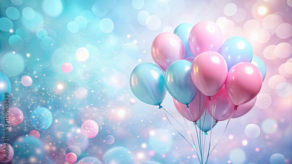 A cluster of pastel pink and blue balloons floats against a dreamy bokeh background. A cluster of pastel pink and blue balloons floats against a dreamy bokeh background.