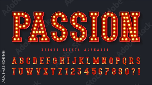 Retro cinema alphabet design, cabaret, warm lamps letters and numbers.