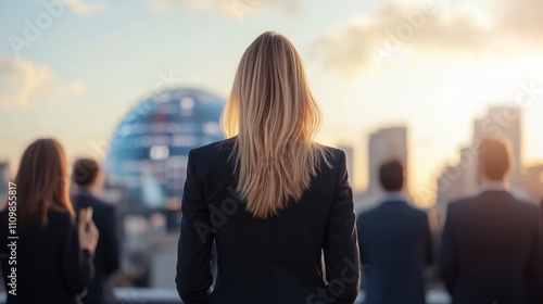 Businesswoman standing with colleagues, overlooking city at sunset. Free Download Businesswoman standing with colleagues, overlooking city at sunset. - GFXLoad
