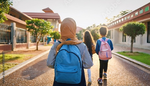 Back View of Hijab Girl with Friends Using a Backpack Going to School. Back to School Consept.