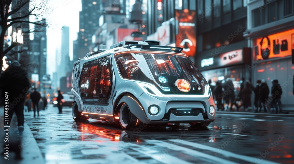 Futuristic Autonomous Vehicle in Neon Cityscape at Night Futuristic Autonomous Vehicle in Neon Cityscape at Night