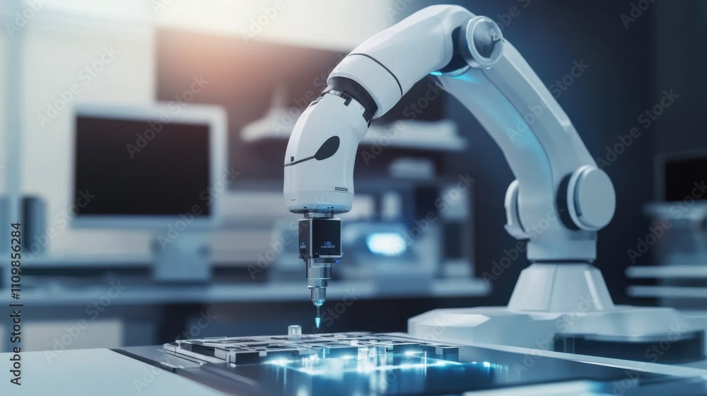 Modern Robotic Arm Performing Precision Task in High-Tech Lab Modern Robotic Arm Performing Precision Task in High-Tech Lab