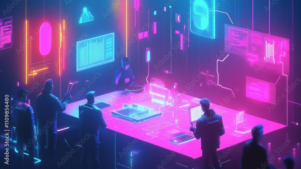 Futuristic Data Analysis Station with Neon Elements and Technology Futuristic Data Analysis Station with Neon Elements and Technology