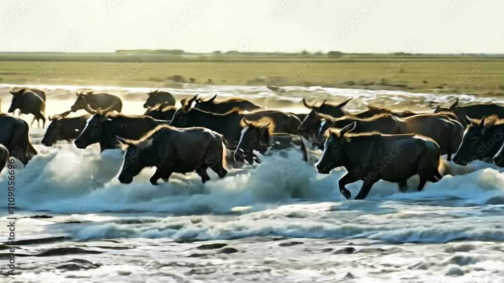 custom made wallpaper toronto digitalA herd of cattle splashes through a river in a lush, open landscape under a clear sky.