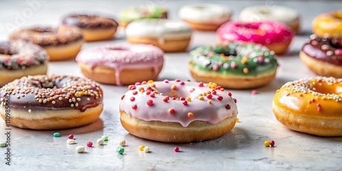 A delightful assortment of freshly baked, glazed donuts adorned with colorful sprinkles, arranged on a light gray surface.