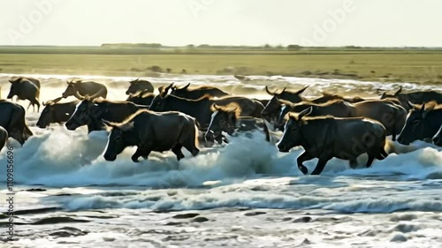 Wallpaper Mural A herd of cattle splashes through a river in a lush, open landscape under a clear sky. Torontodigital.ca