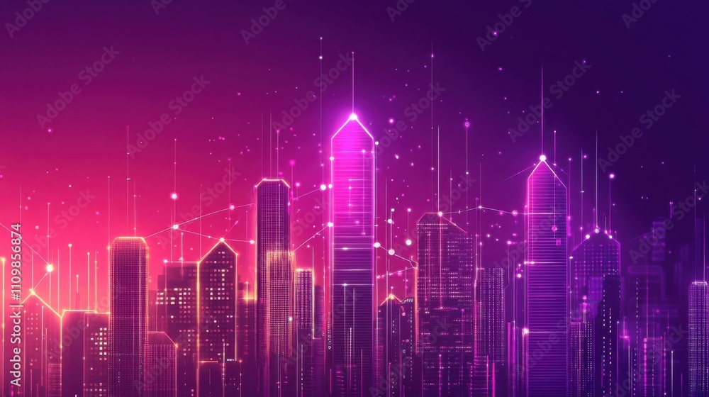 Fototapeta premium Vibrant Futuristic Cityscape at Dusk with Digital Light Effects